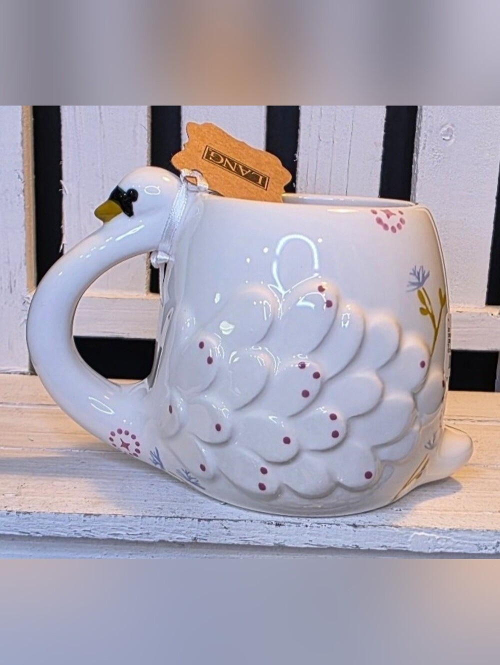 ♥New! LANG White Swan Sculpted Mug | Embossed Ceramic | Cottage Decor.